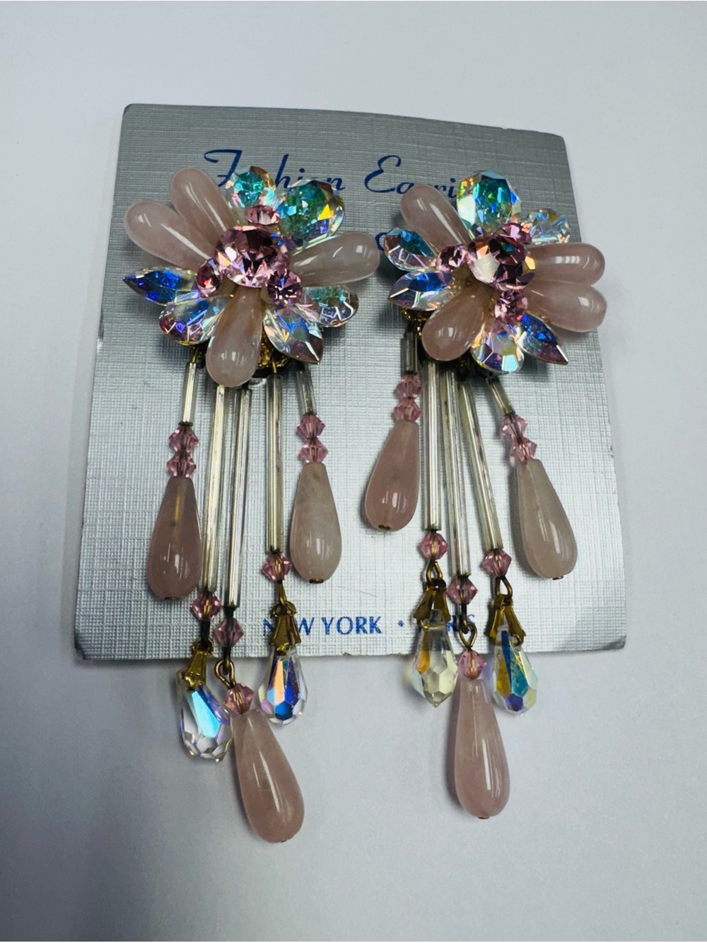 Vintage 90s Rose Quartz & AB Crystal Cluster Dangle Clip On Earrings